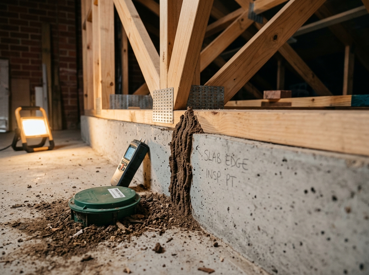 Mud termite tubes climb a concrete slab edge beside timber framing, with a monitoring station and moisture meter on the floor.