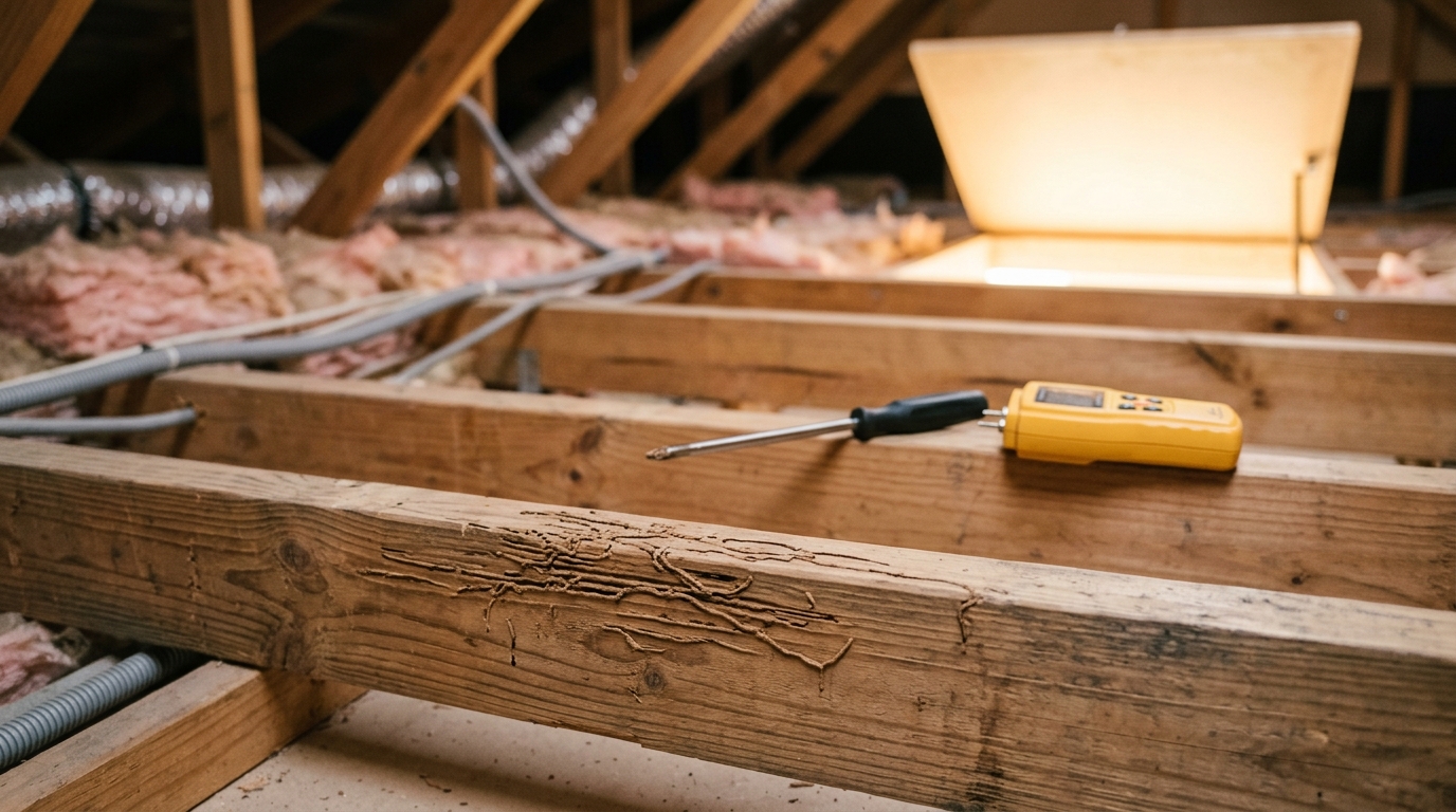 Close-up of a timber roof truss with thin mud tubes and faint grain damage; an inspection probe and moisture meter sit nearby.