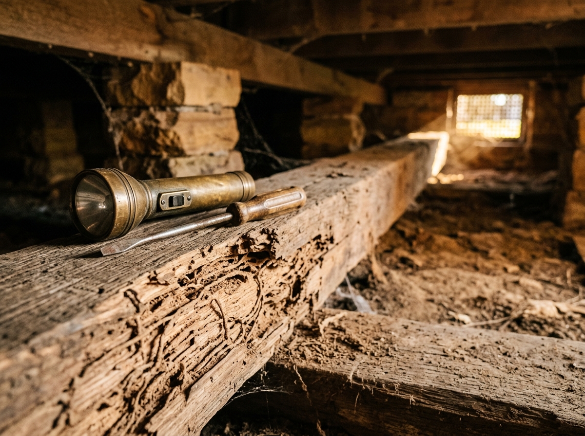 Close-up of a weathered floor joist with termite mud galleries and honeycombed wood, with a torch and screwdriver on the beam.