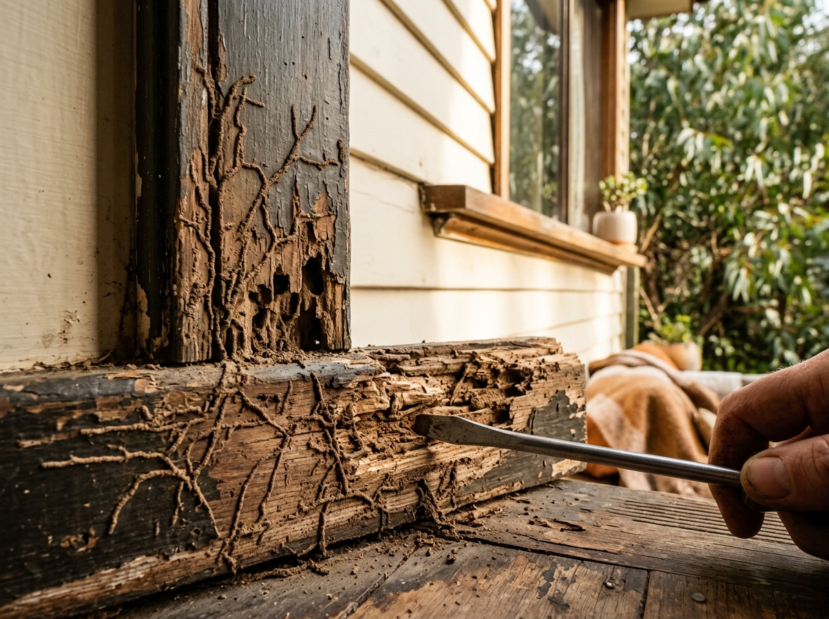 Screwdriver tip pressed into a termite-damaged timber window frame and skirting board with mud tunnels and hollowed wood.