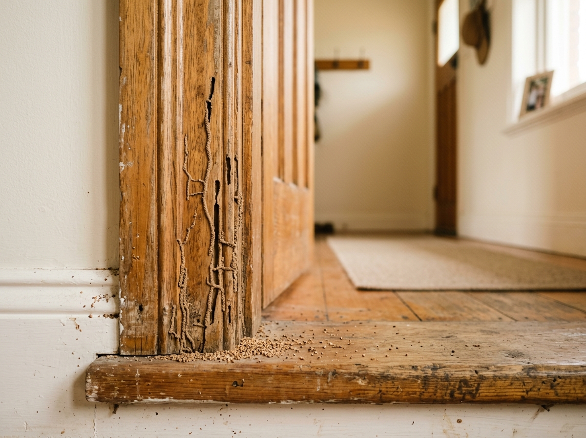 Weathered timber door frame with mud tubes and hollowed grain channels, frass crumbs on the sill of a hallway doorway.