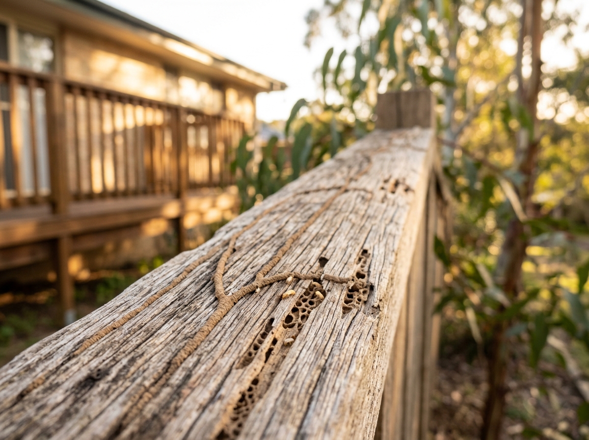 Close-up of weathered timber with mud tubes and honeycombed termite galleries, tiny termites visible, deck and gum leaves behind.
