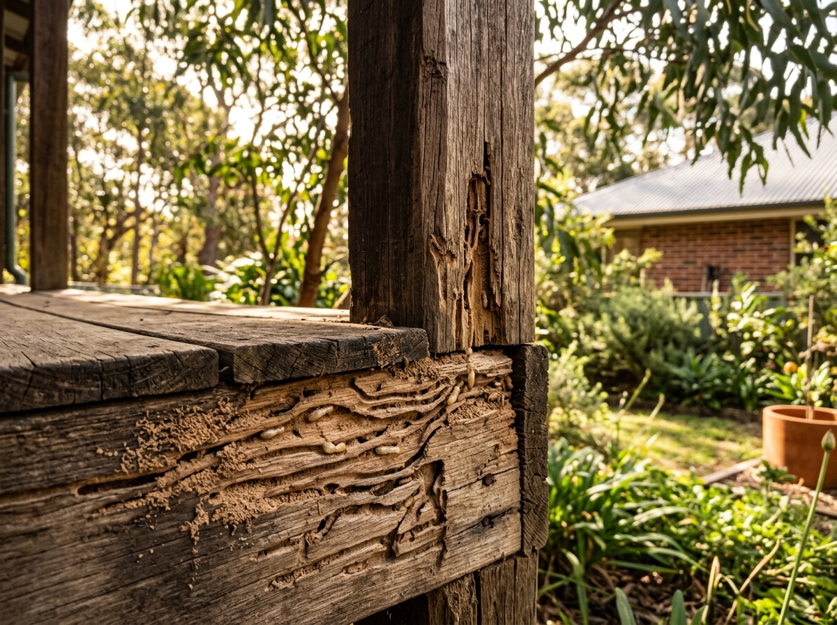 Weathered timber fence post and deck beam with termite tunnels, powdery frass and pale termites in the grain
