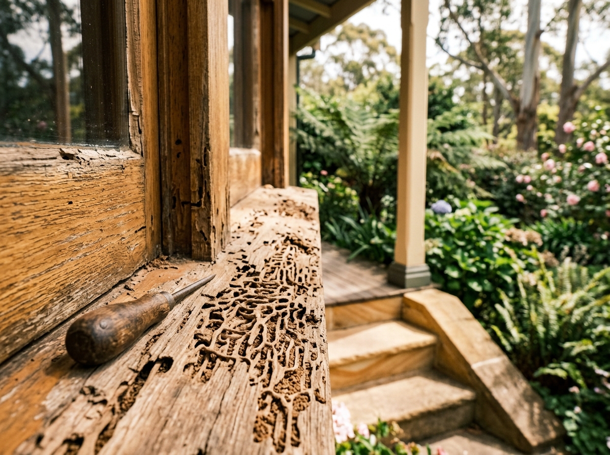 Weathered timber window sill with honeycombed termite tunnelling and a wooden-handled inspection tool, on a garden veranda.
