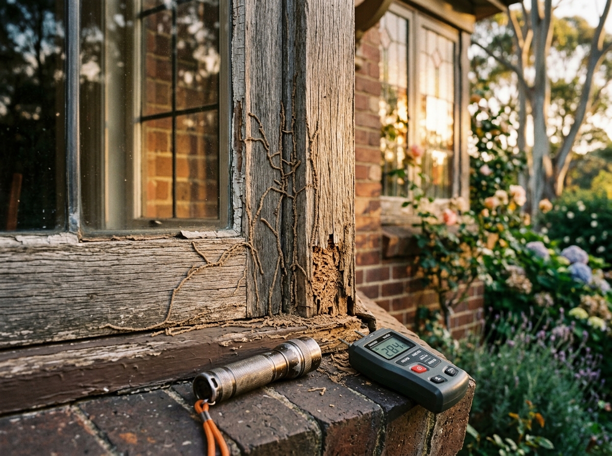 Weathered timber window sill with mud-tube trails and crumbled wood, a torch and moisture meter beside it, garden behind.