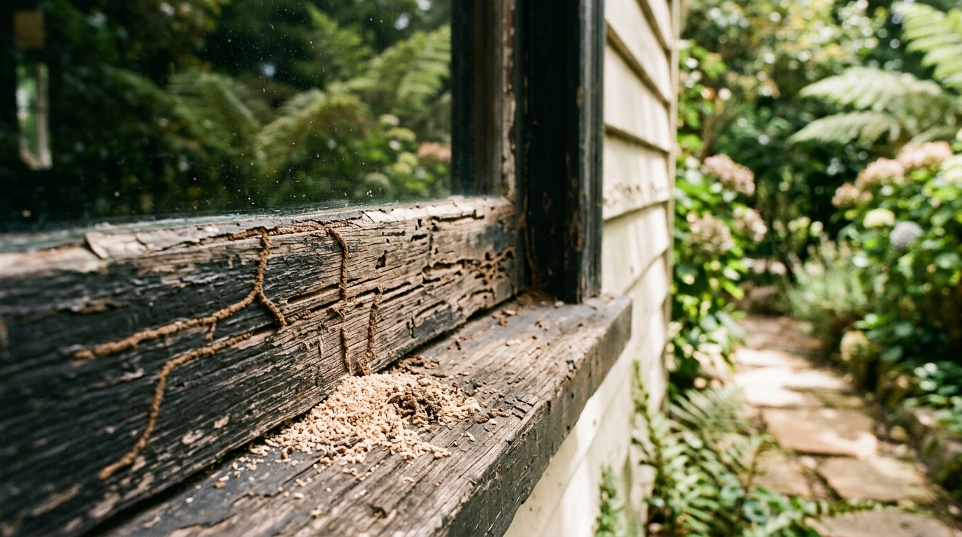 Weathered timber window sill with thin mud tubes, chewed grooves and a small pile of frass, cottage garden softly blurred behind