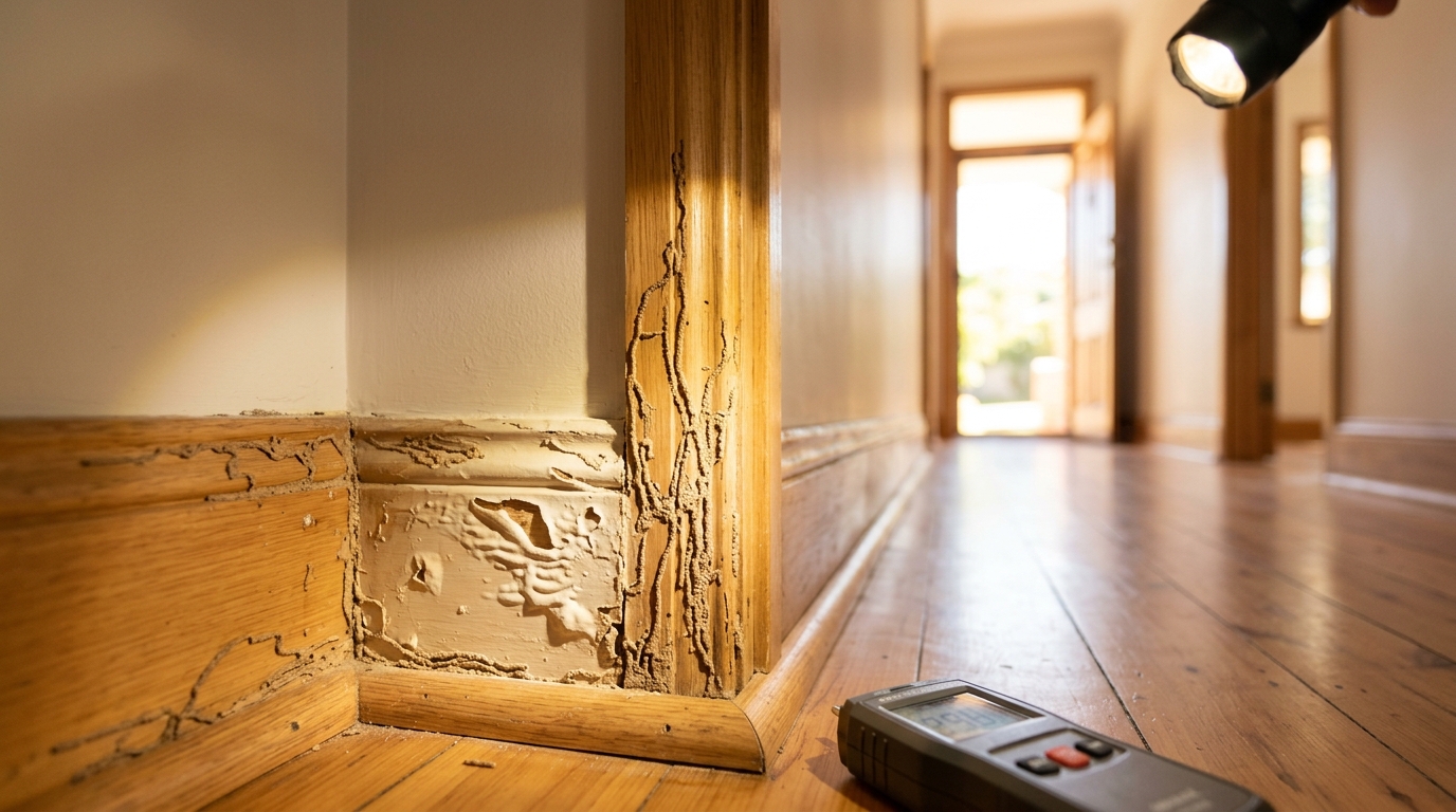 Torchlight rakes across a timber door frame and skirting board showing winding mud tracks and blistered paint in an empty hallway.