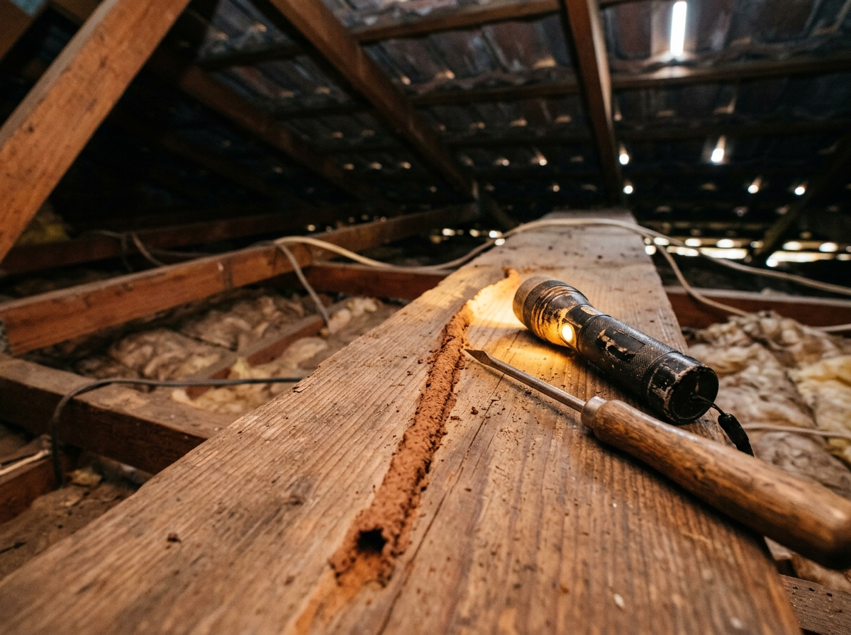 Torchlit timber roof beam with a termite mud tunnel along its surface, a torch and metal probe resting beside it.