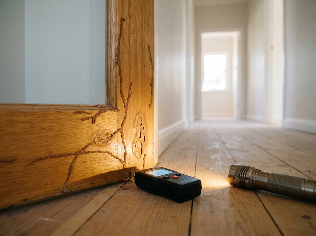 Timber door frame and skirting with mud-like termite galleries and blistered wood, beside a moisture meter and flashlight.