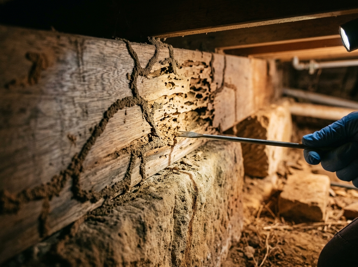 Torch-lit timber rafter and stud with mud termite galleries and hollowed wood, a steel probe resting on the damaged grain.