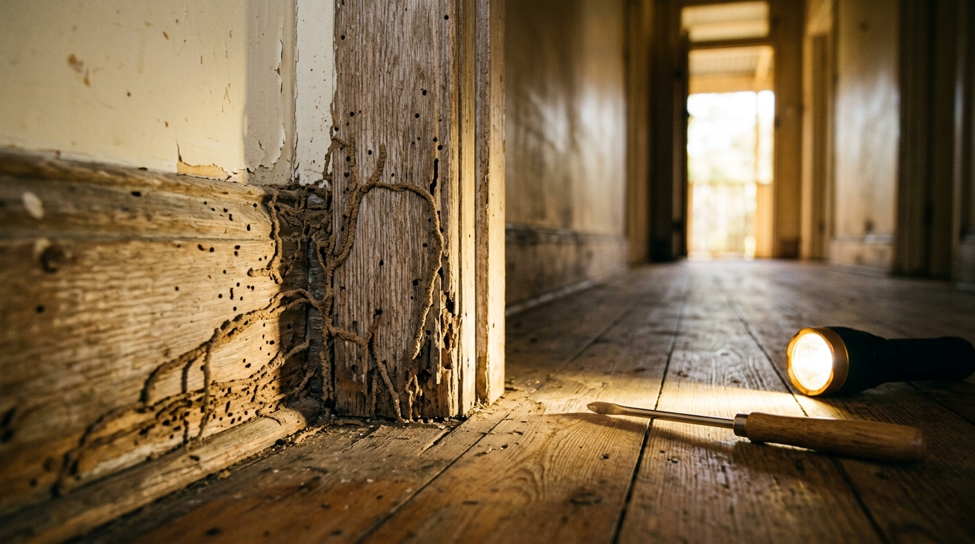 Termite-damaged timber door frame and skirting with mud trails and bore holes, a flashlight and probe tool on the floor