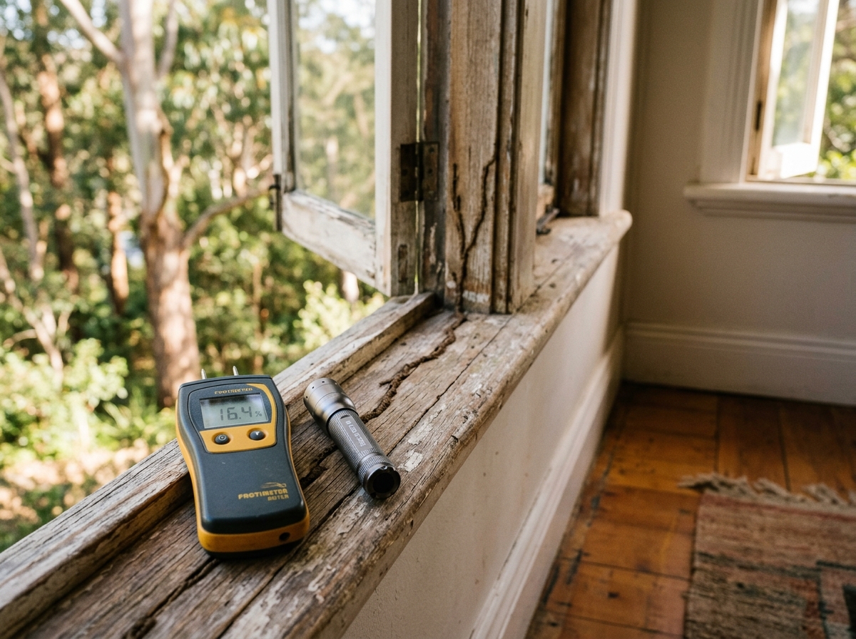 Moisture meter and small torch on a weathered timber window frame, with mud-coloured termite trails in a thin crack beside them.