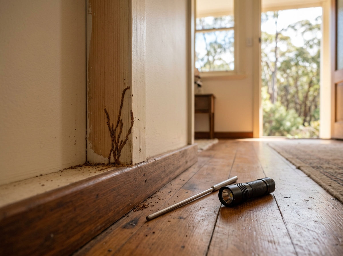 Fine mud termite tunnels along a timber wall stud and skirting board, with a metal probe and flashlight on the floor nearby.