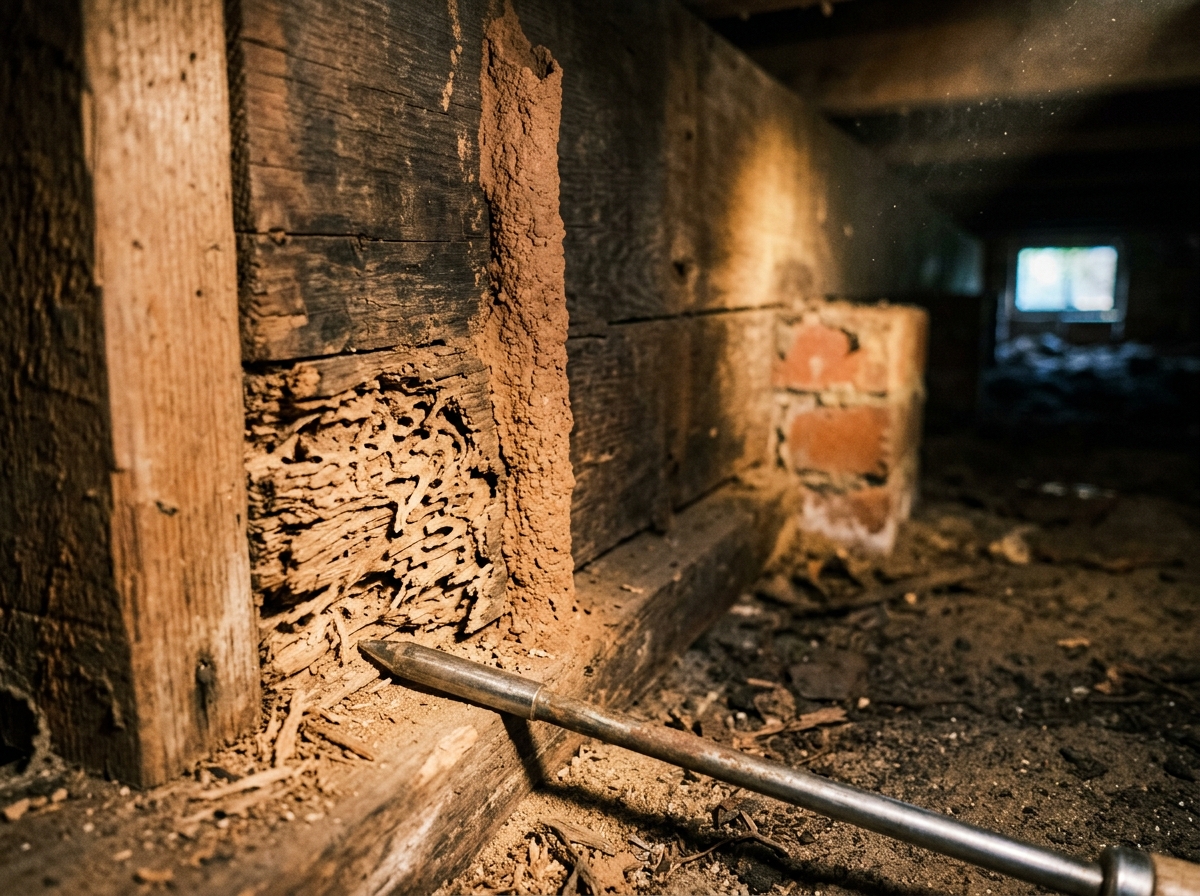 Termite mud tubes climb a weathered timber stud beside honeycombed, softened wood, with a metal probe resting on the beam.