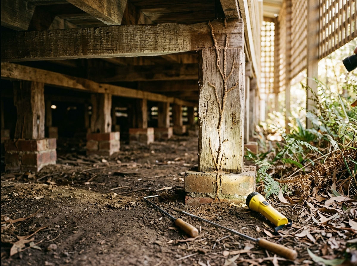 Flashlight beam lights a stump in a cottage crawlspace, with termite mud tubes on the stumps and weathered bearers overhead.
