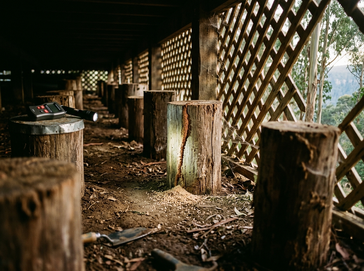 Flashlight beam lights a mud termite shelter tube on a timber stump beneath a cottage, with fine timber dust on the ground.