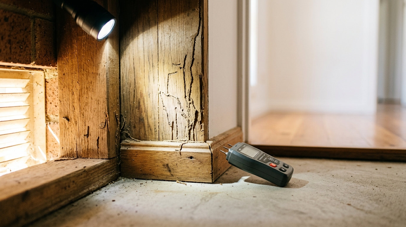 Torch beam across a weathered timber stud and skirting board showing mud trails and tunnelled grain, meter on floor nearby