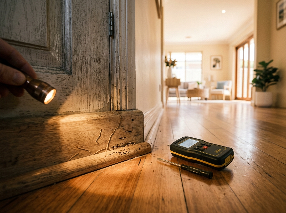 Torchlight rakes across a weathered timber door frame with faint mud trails and tunnelling; a moisture meter and screwdriver sit nearby.