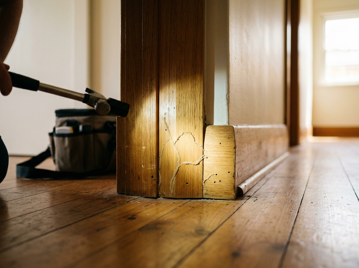 Flashlight beam across a timber door frame and skirting board, revealing faint mud trails and pinholes near the floor.