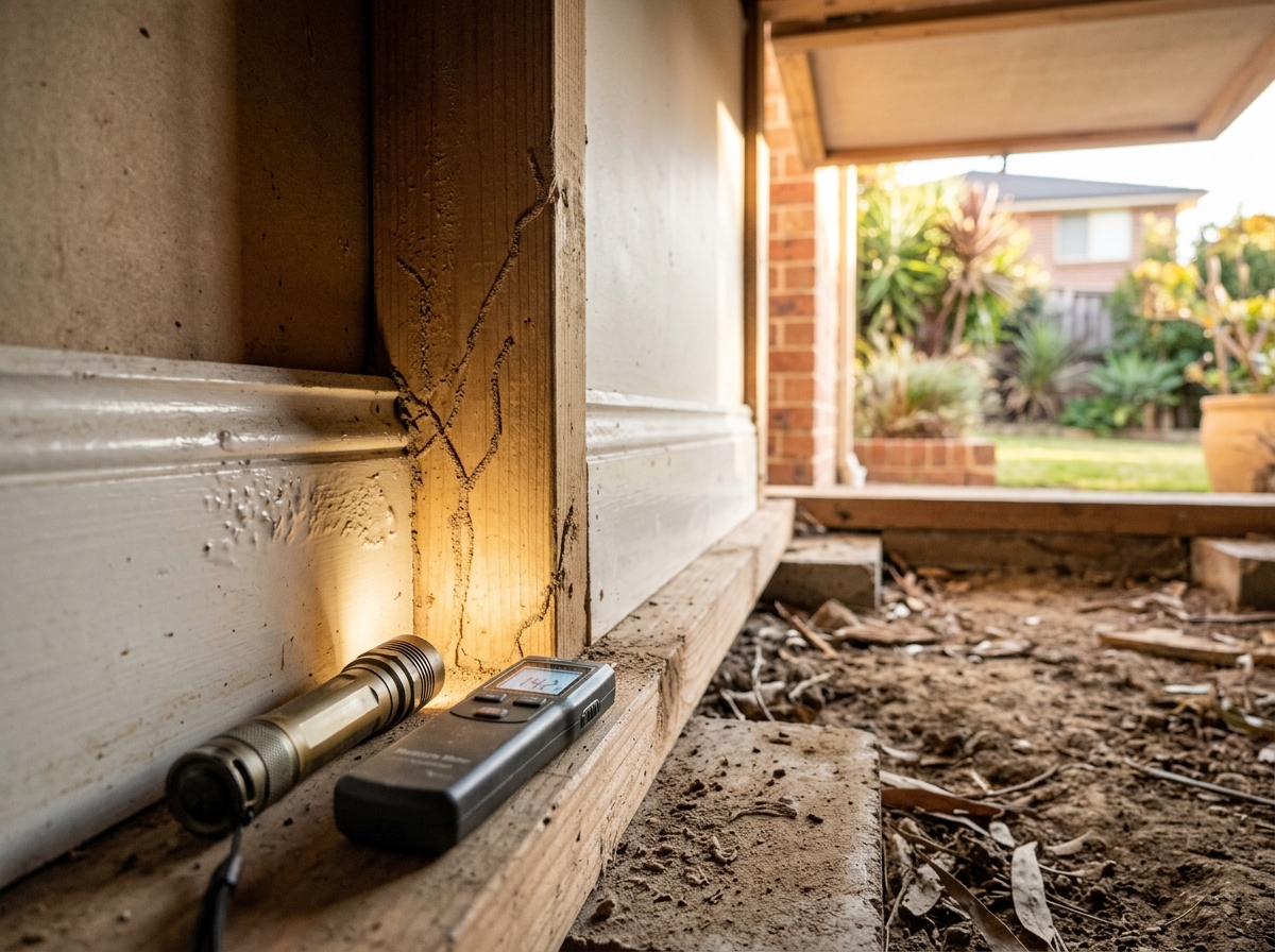 Timber wall stud meeting a skirting board with faint mud tubes and blistered paint, a flashlight and moisture meter nearby