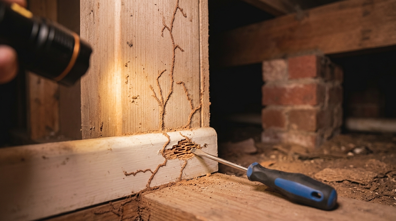 Torch-lit sub-floor crawl space showing termite mud tunnels and honeycombed hollows on a timber stud, with a screwdriver and flashlight.