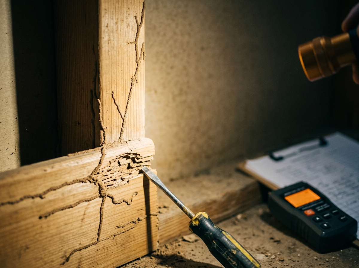 Torchlit timber wall stud and skirting board with mud-tube galleries and a hollowed, crumbling patch; screwdriver rests nearby.