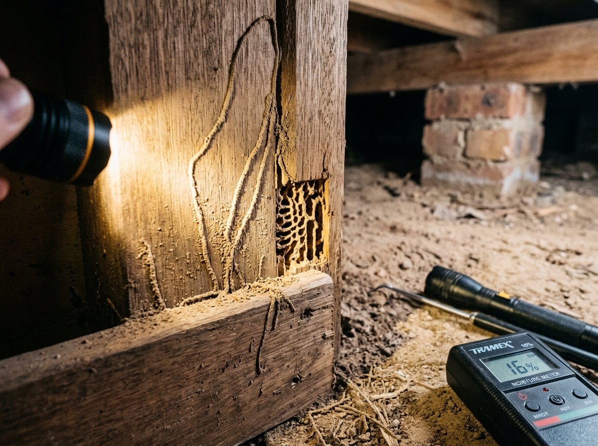 Flashlight beam across a timber wall stud showing mud tubes and honeycombed termite galleries, with brick piers behind.