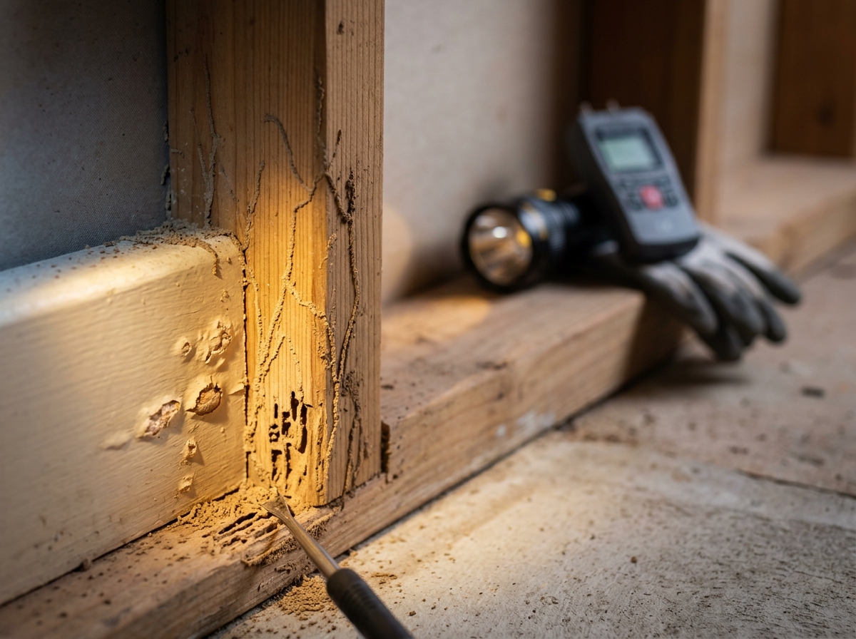 Torchlight reveals mud tunnels, blistered patches and hollowed grain from termite damage on a timber wall stud and skirting board.