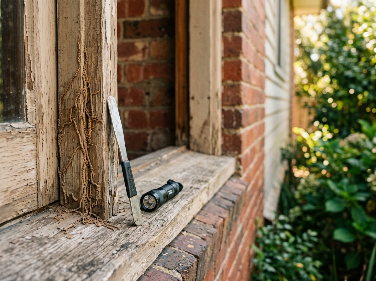 Weathered timber door frame with thin mud-colored termite tunnels along the grain, a metal probe and small torch on the sill.