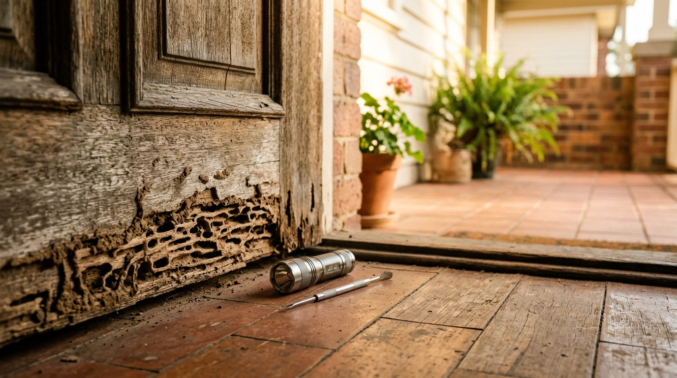 Termite-damaged timber door frame with mud tunnels and hollowed wood, beside a flashlight and probe on a verandah floor.