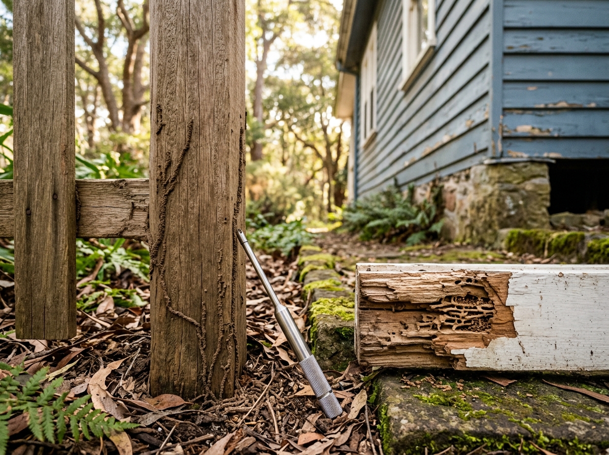 Weathered timber fence post and door frame with mud shelter tubes and honeycombed galleries, a steel probe beside them
