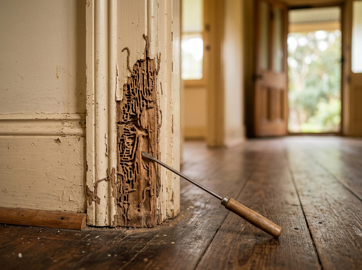 Termite-damaged timber door frame and skirting board with honeycombed galleries, mud tubes and a metal probe, in an old cottage hallway