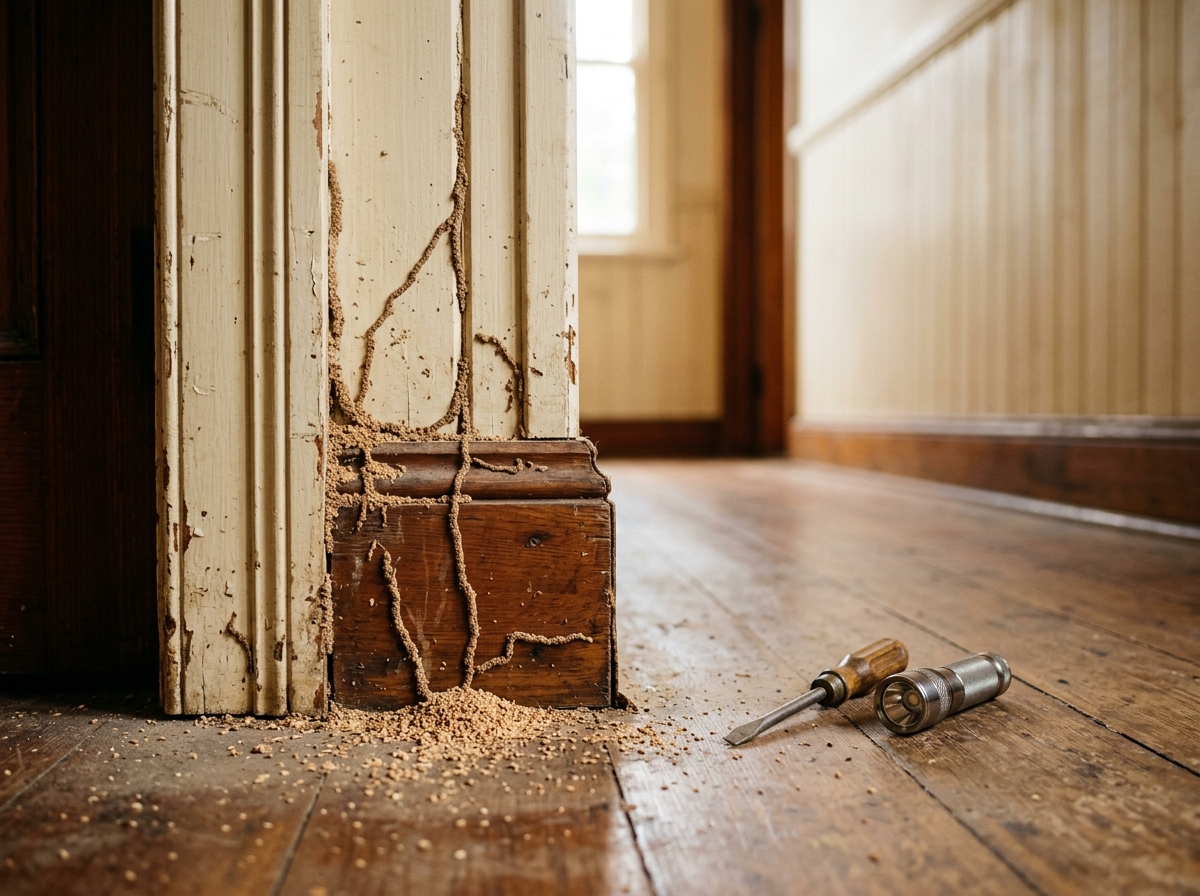 Weathered timber door frame and skirting board with mud trails and frass at the base, beside a screwdriver and torch on the floor.