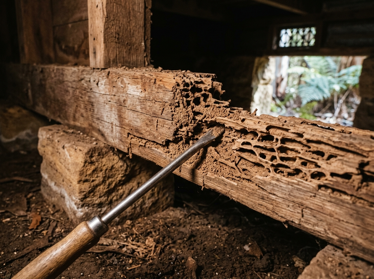 Termite-damaged timber stud with honeycombed galleries beside an inspector's probe in a sandstone-piered crawl space.