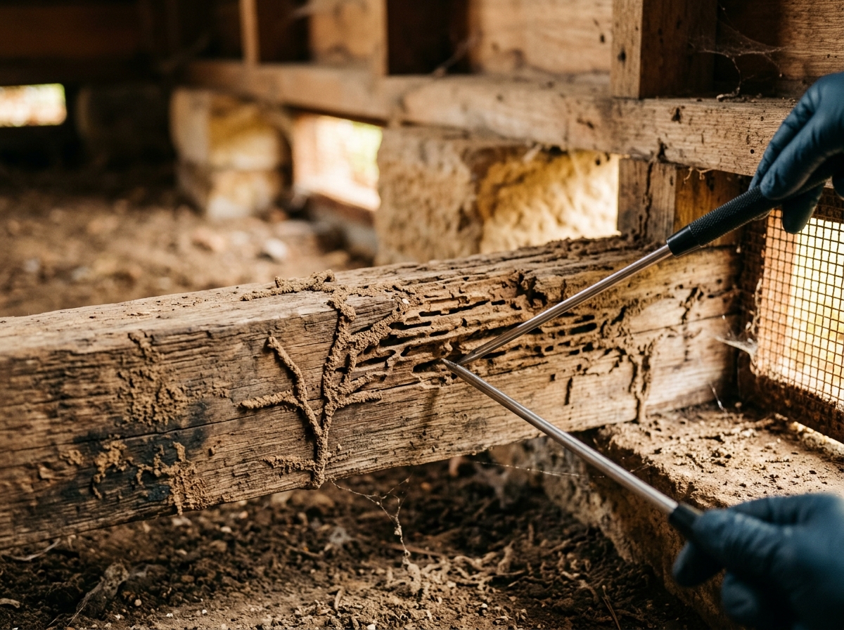 Termite-damaged timber stud with mud tunnels and eaten galleries, a steel probe against it in a crawl space with sandstone piers.