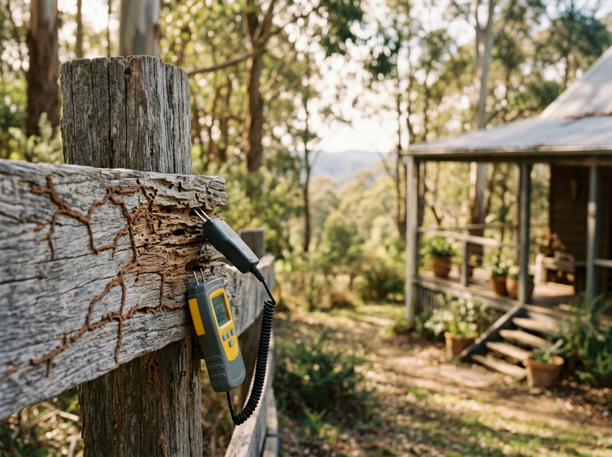 Weathered timber beam with mud-tunnel trails and hollowed grain, a moisture meter probe against it, bushland behind.