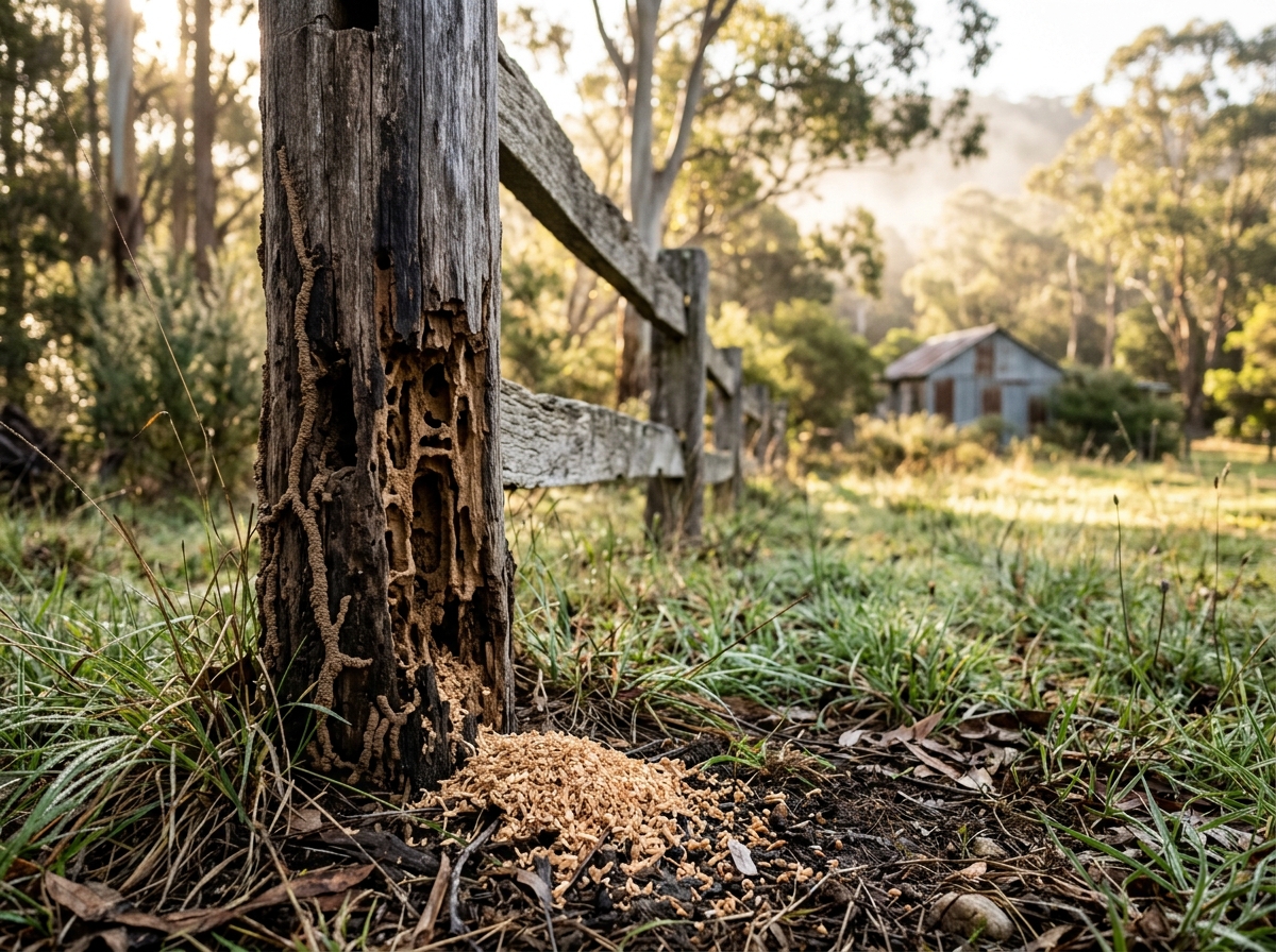 Weathered split-rail fence post with termite mud tubes and hollowed wood at its base, with wood shavings in dewy grass.