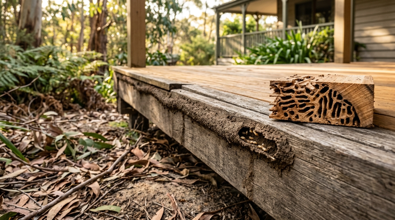 Termite mud tunnel along a deck joist with pale workers visible, beside a cut wood sample riddled with honeycombed galleries.