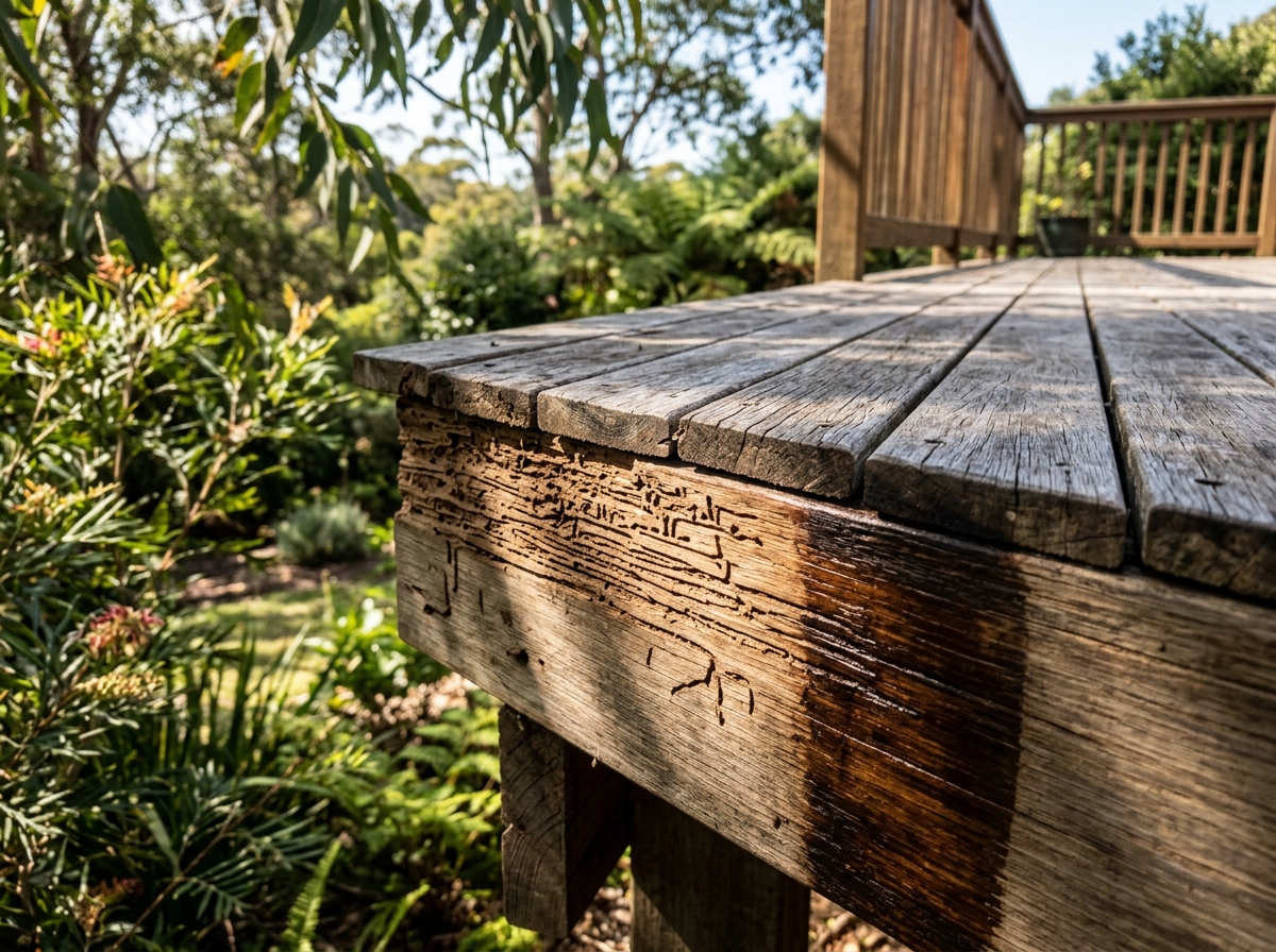 Close-up of weathered deck boards and a bearer with termite tunnels along the grain, one section darkened by treatment.