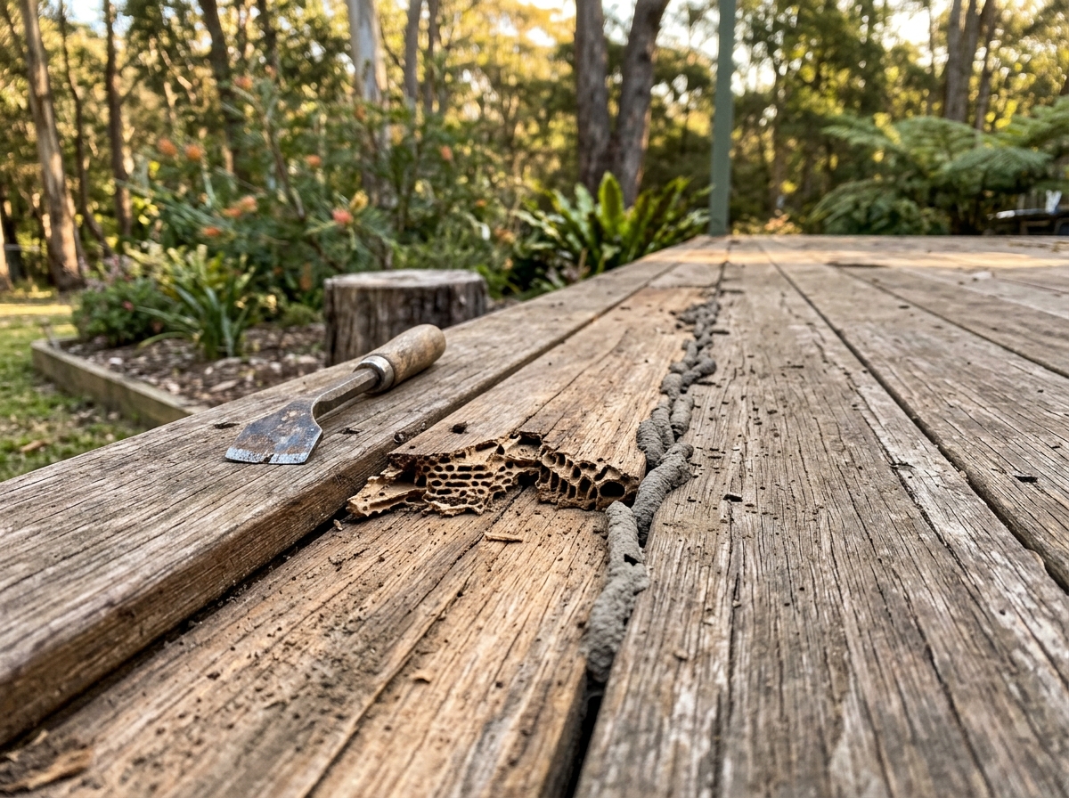 Weathered deck board with termite mud tubes and honeycombed damaged timber beside an intact plank, a pry tool resting nearby