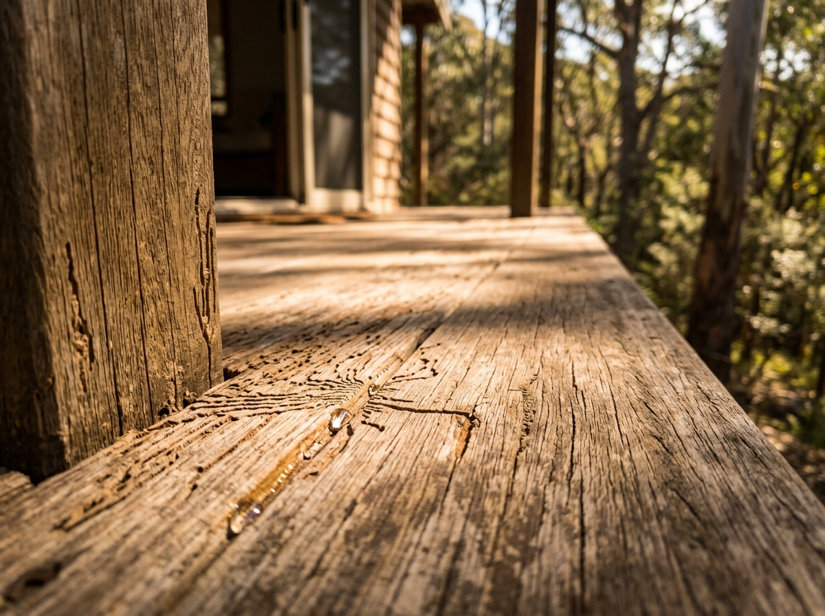 Close-up of a weathered deck board with thin mud tubes and feeding channels along the grain and a bead of fresh treatment.