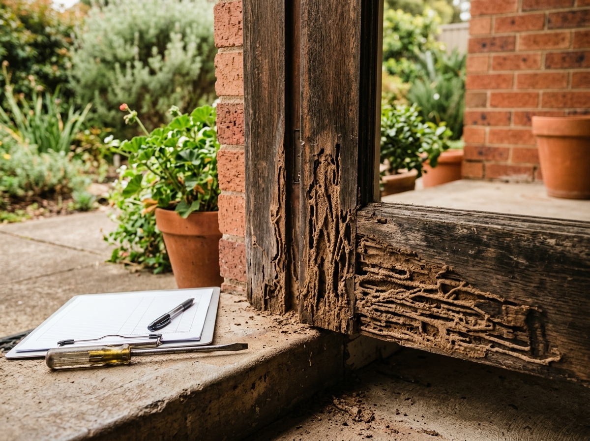 Weathered timber door frame with termite galleries and crumbling channels, a screwdriver and closed clipboard beside it.