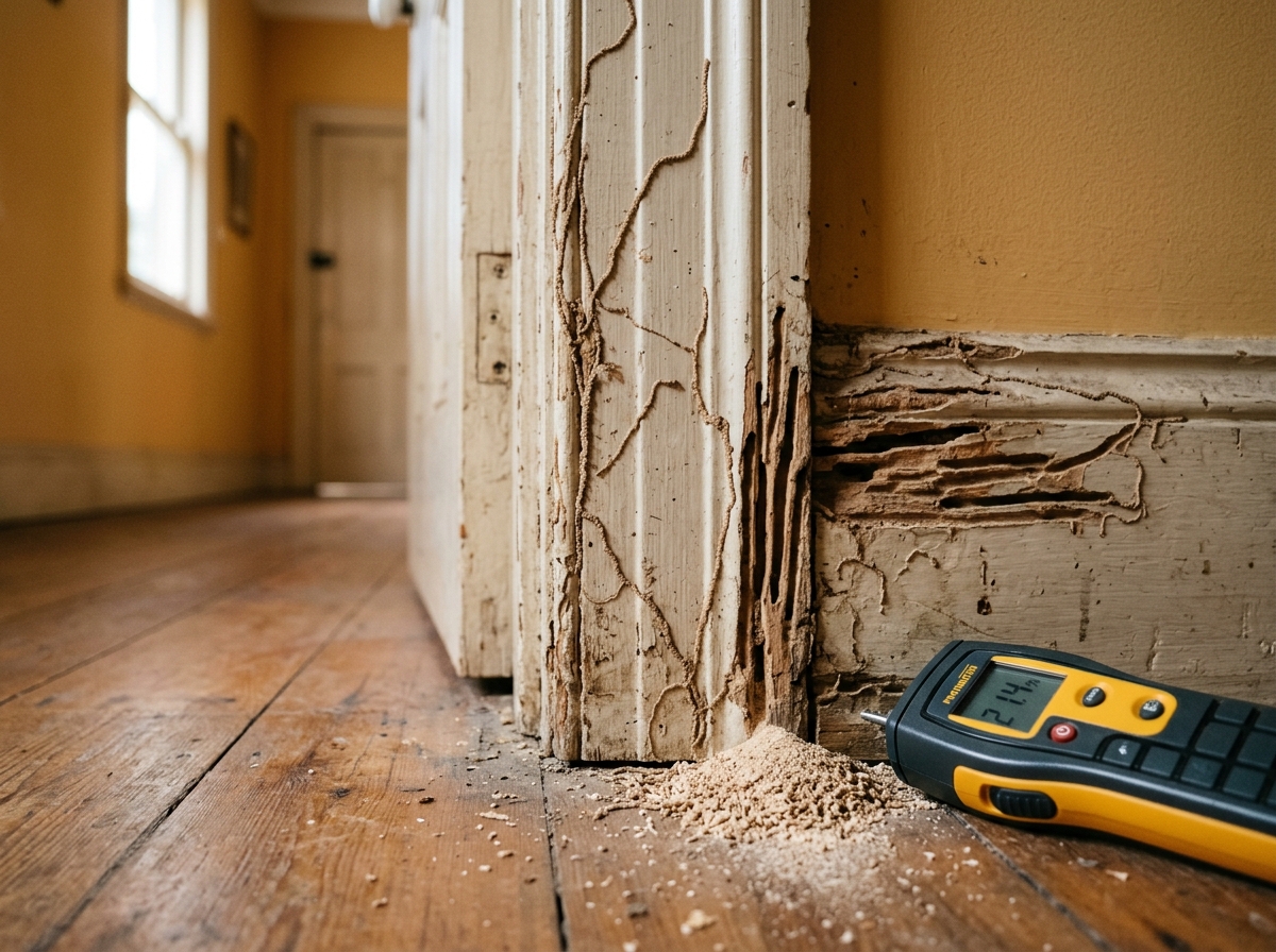Termite-damaged timber door frame and skirting with mud trails, a pile of timber dust and a moisture meter on a hallway floor.