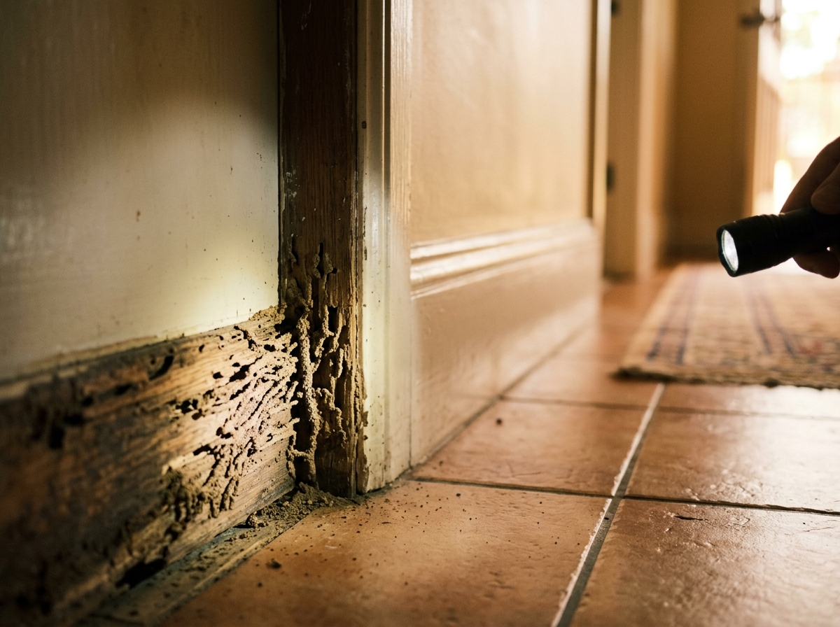 Flashlight beam rakes across a weathered timber door frame, revealing termite mud galleries and hollowed channels near the floor.