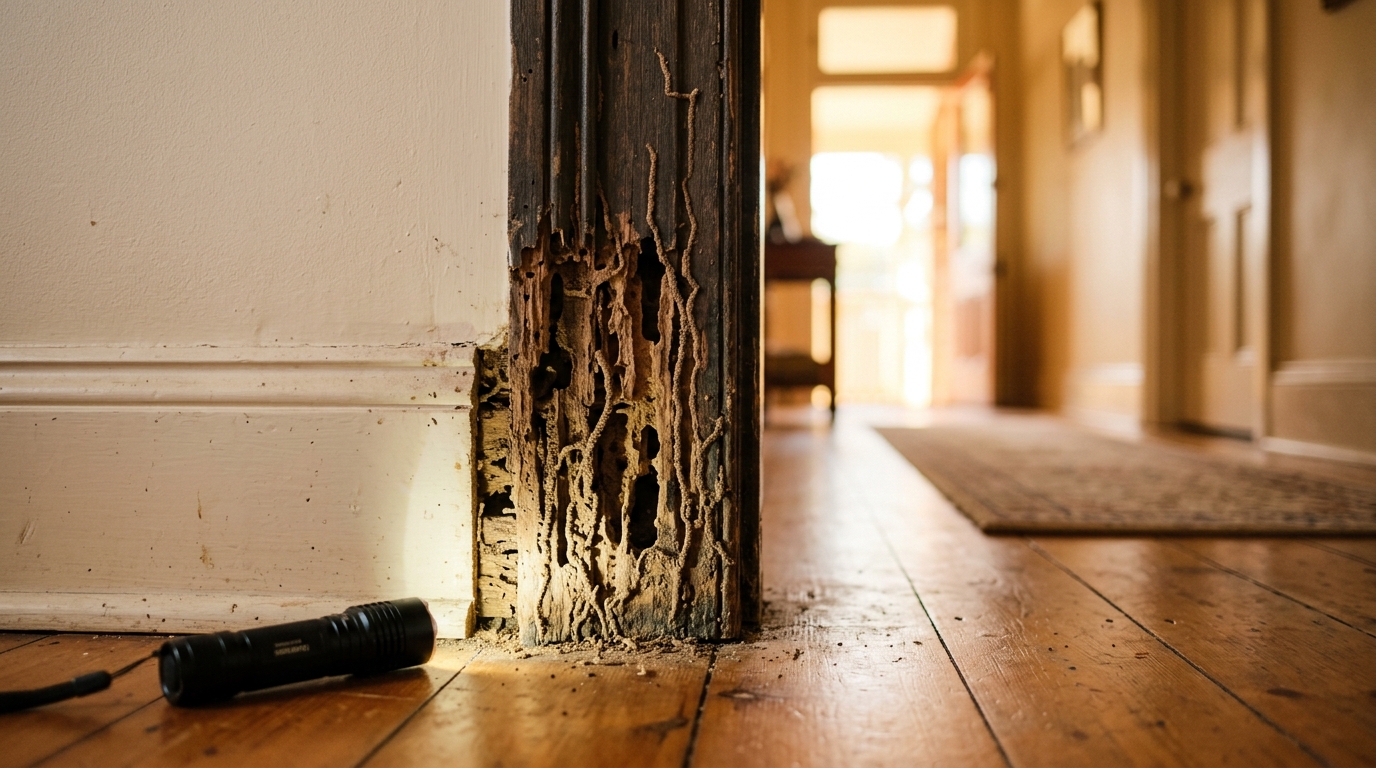 A torch beam lights hollowed, honeycombed wood and mud trails on a timber door frame in a bright, cream-walled hallway.