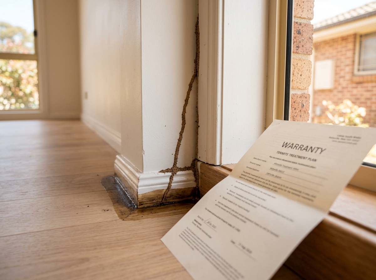 Close-up of a timber wall stud with a thin termite mud tube, a fresh treated barrier at the base and a warranty certificate on a sill.