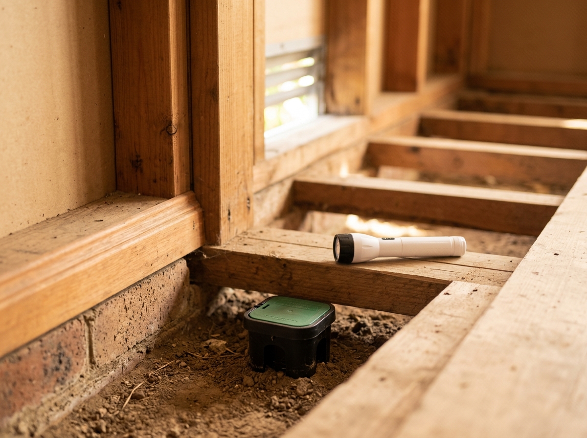 Subfloor of a brick home with a termite monitoring station in dry soil by the footing and a white torch on a timber beam.