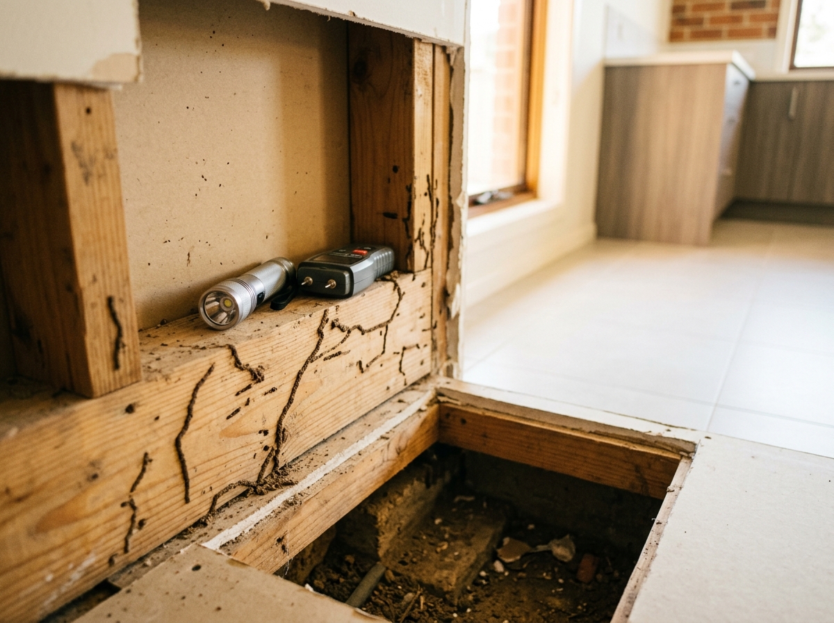 Close-up of timber stud with termite mud tunnels and galleries, a torch and moisture meter resting on the wood.