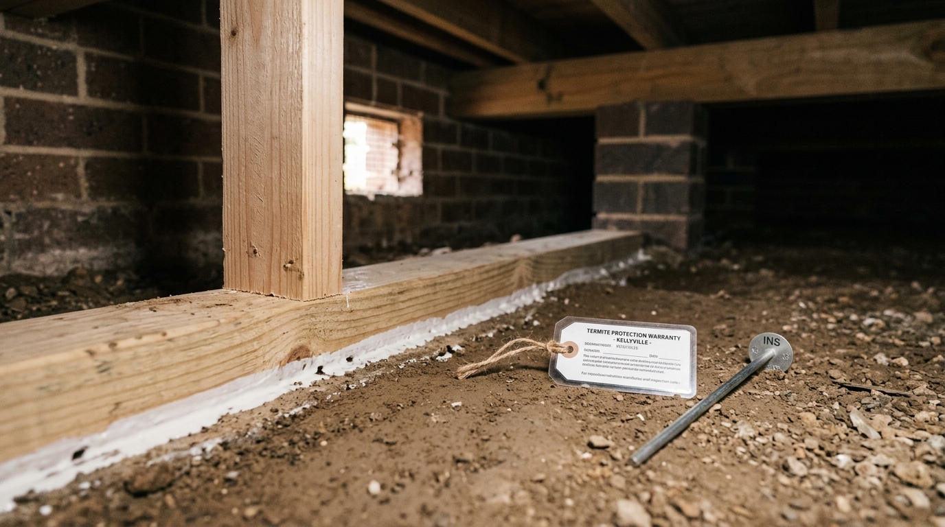 Treated timber stud and bottom plate in a brick-pier crawl space, with a warranty tag and inspection stake on the ground.