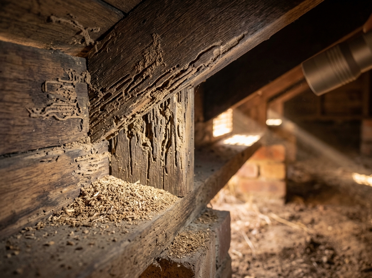 Termite-tunnelled timber beam and stud with a pile of powdery frass, lit by a shaft of light in a crawl space.